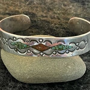 Native American Bessie Castillo Sterling Turquoise Inlay Heavy Cuff Bracelet 19g
